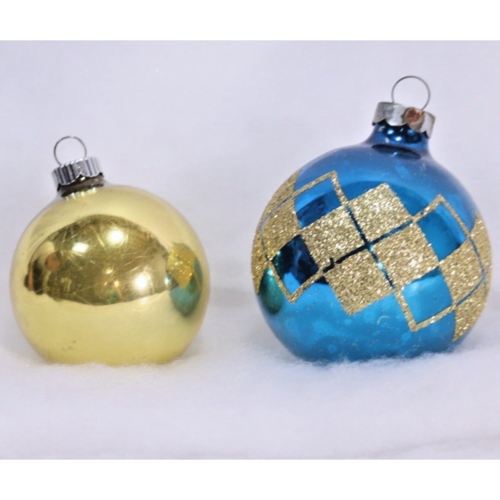 VTG Christmas Ornament Set (2) Glitter Glass Tree Bulbs SHINY BRITE Blue & Gold